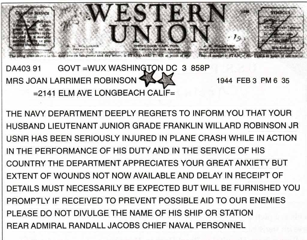 Telegram about Robbie Robinson's wounds - In the Navy, November 1942