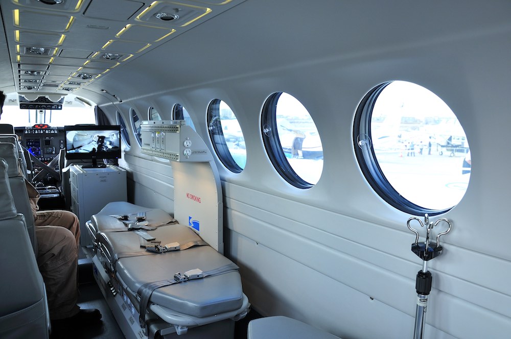 The inside on an air ambulance, designed to ferry sick passengers between hospitals for treatment.