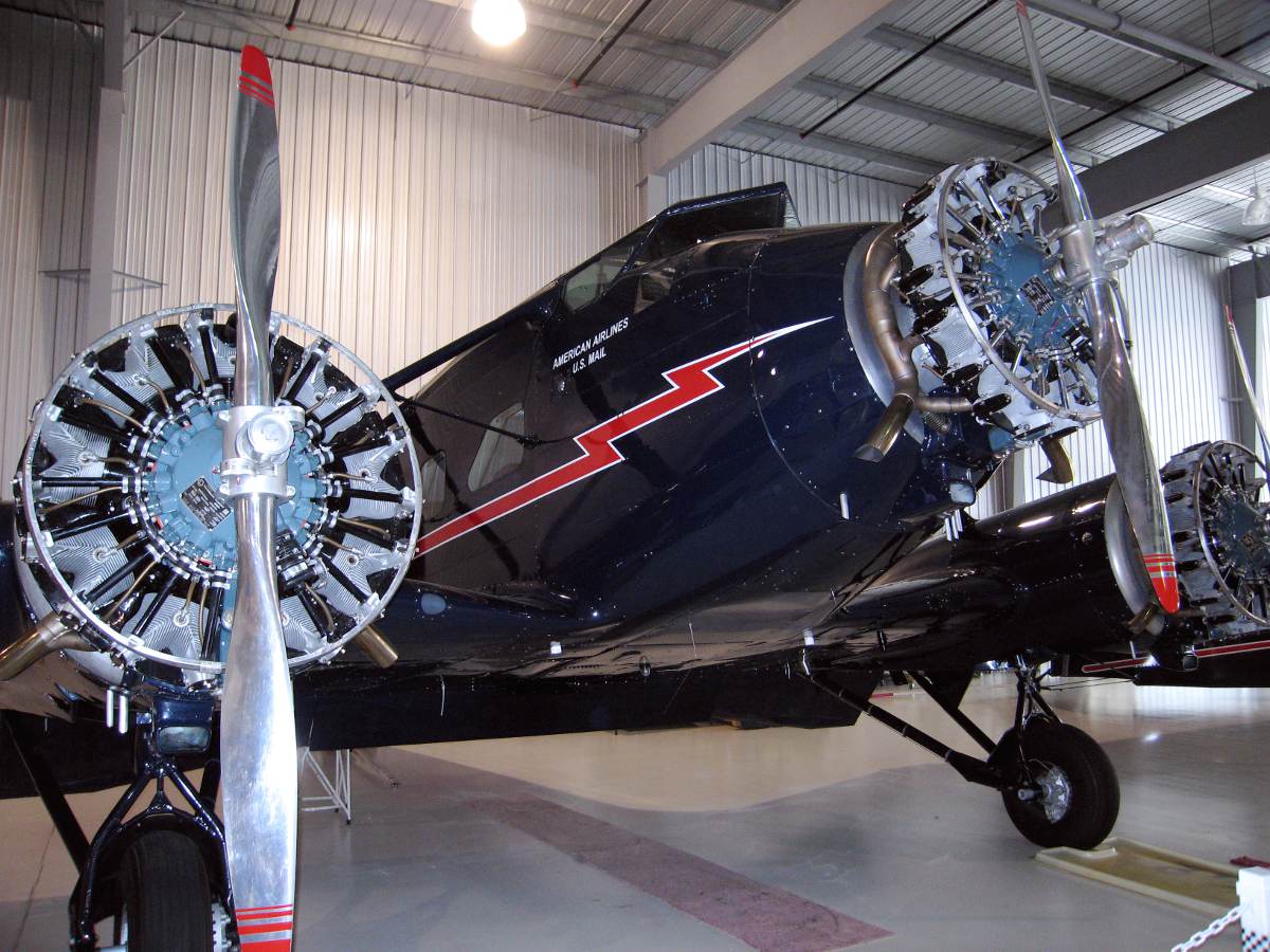 Stinson Model A Tri Motor aircraft, restored and on display at the Golden Wings Museum.