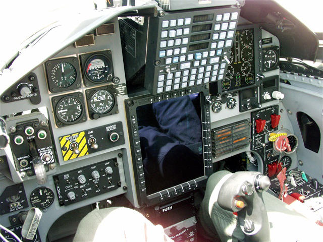 The cockpit of a T-38 Talon trainer aircraft.