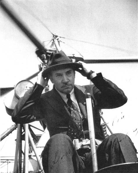Igor Sikorsky getting ready to fly his first helicopter with a successful configuration.