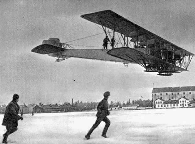 A biplane engineered by Igor Sikorsky, nicknamed Le Grande, in flight in Russia.