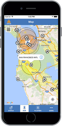 Screenshot of the B4Ufly app, for helping unmanned aerial systems and the UAS Operator avoid collisions with aircraft