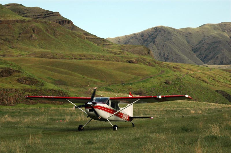 A Cessna 185 Skywagon landing at Dug Bar in the backcountry