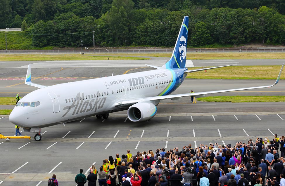 An Alaska Airlines 737 specially painted to celebrate Boeing's 100th birthday