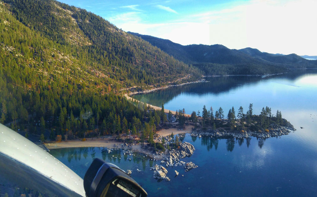 Flying over Sand Harbor, Lake Tahoe, during a first flight lesson