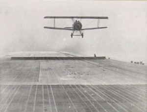 A Sopwith Camel coming in for landing on an aircraft carrier