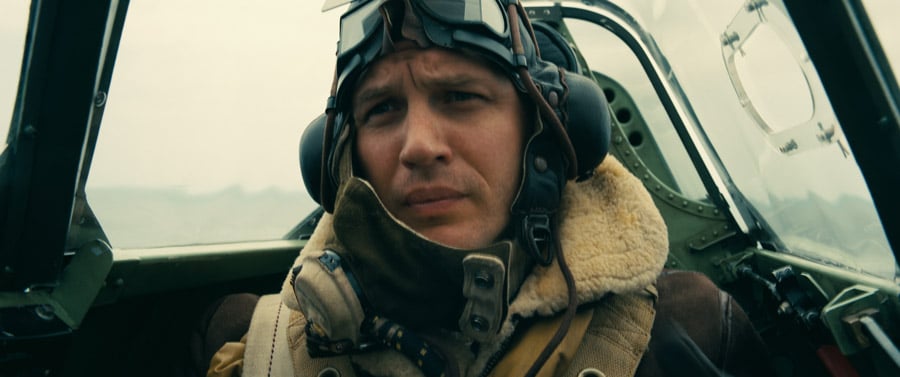 Actor Tom Hardy in his role as a Spitfire pilot in the movie Dunkirk
