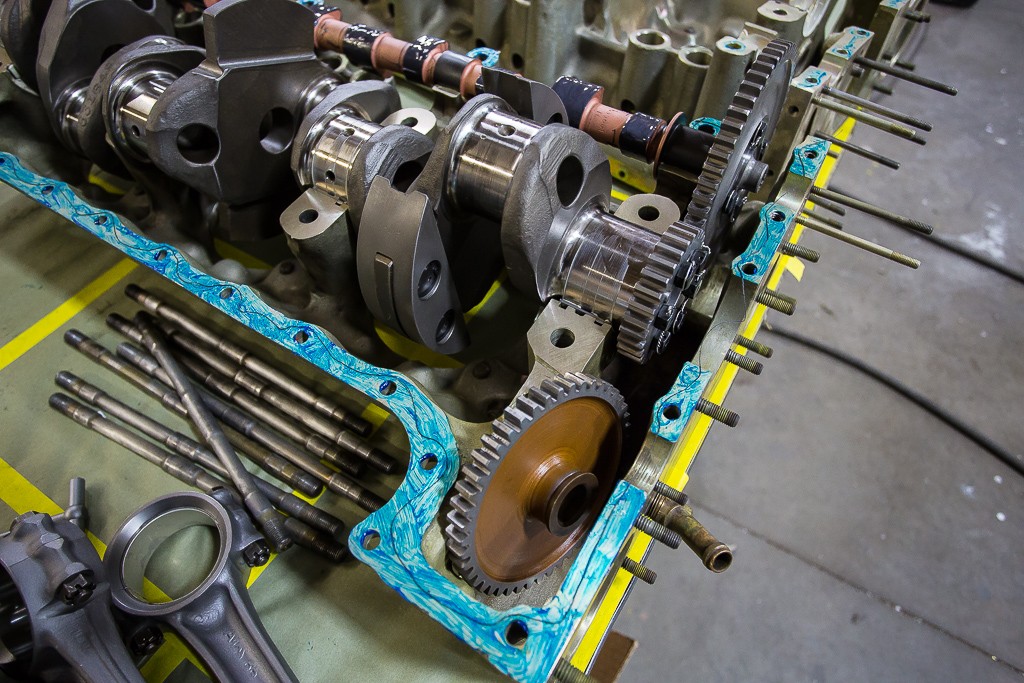 The Continental engine ready for assembly of the crankcase. Note the silk thread and blue sealant - Aircraft Engine Overhaul