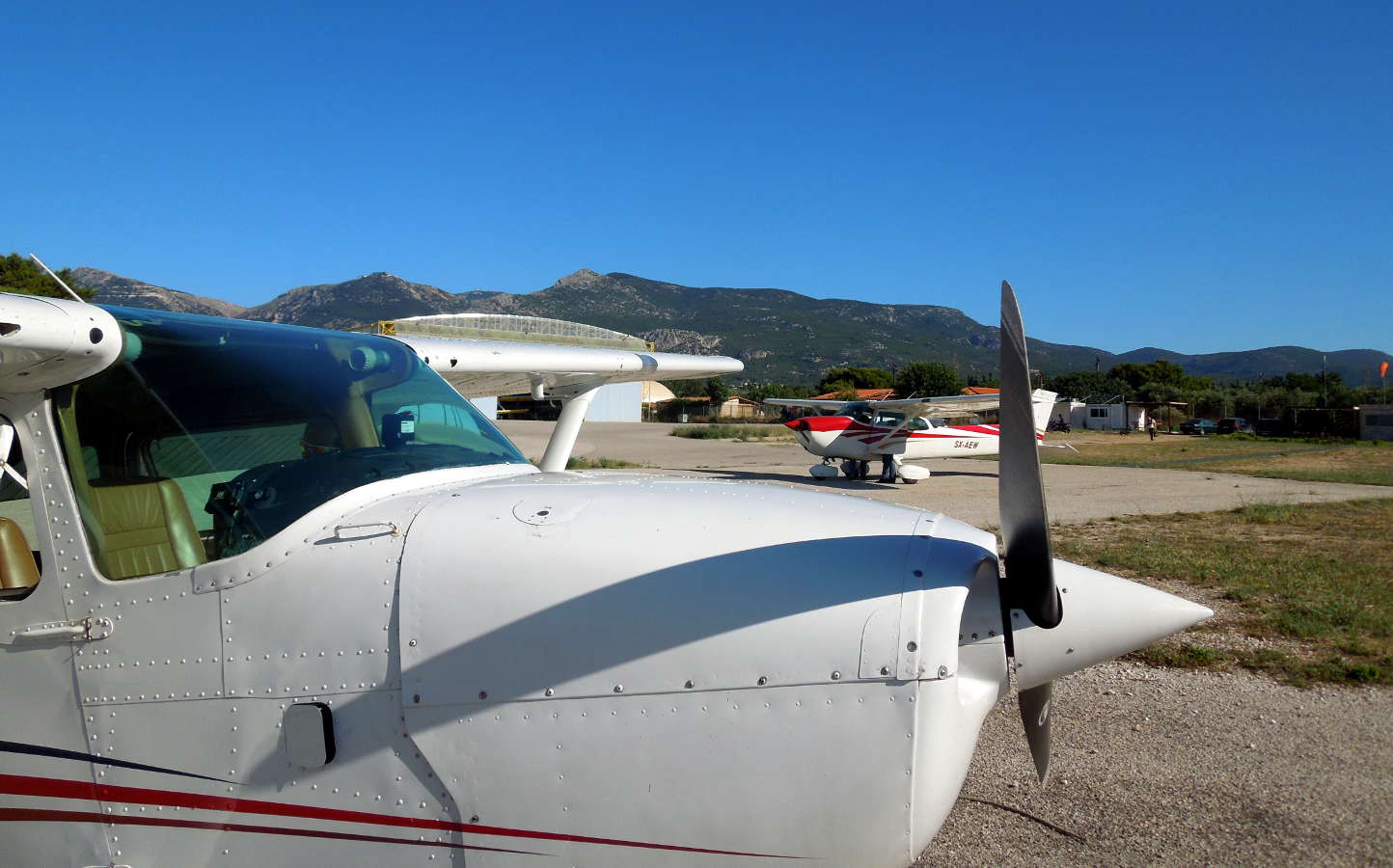 Cessna 172s on the runway at Tatoi in Athens, preparing to go to Paros.