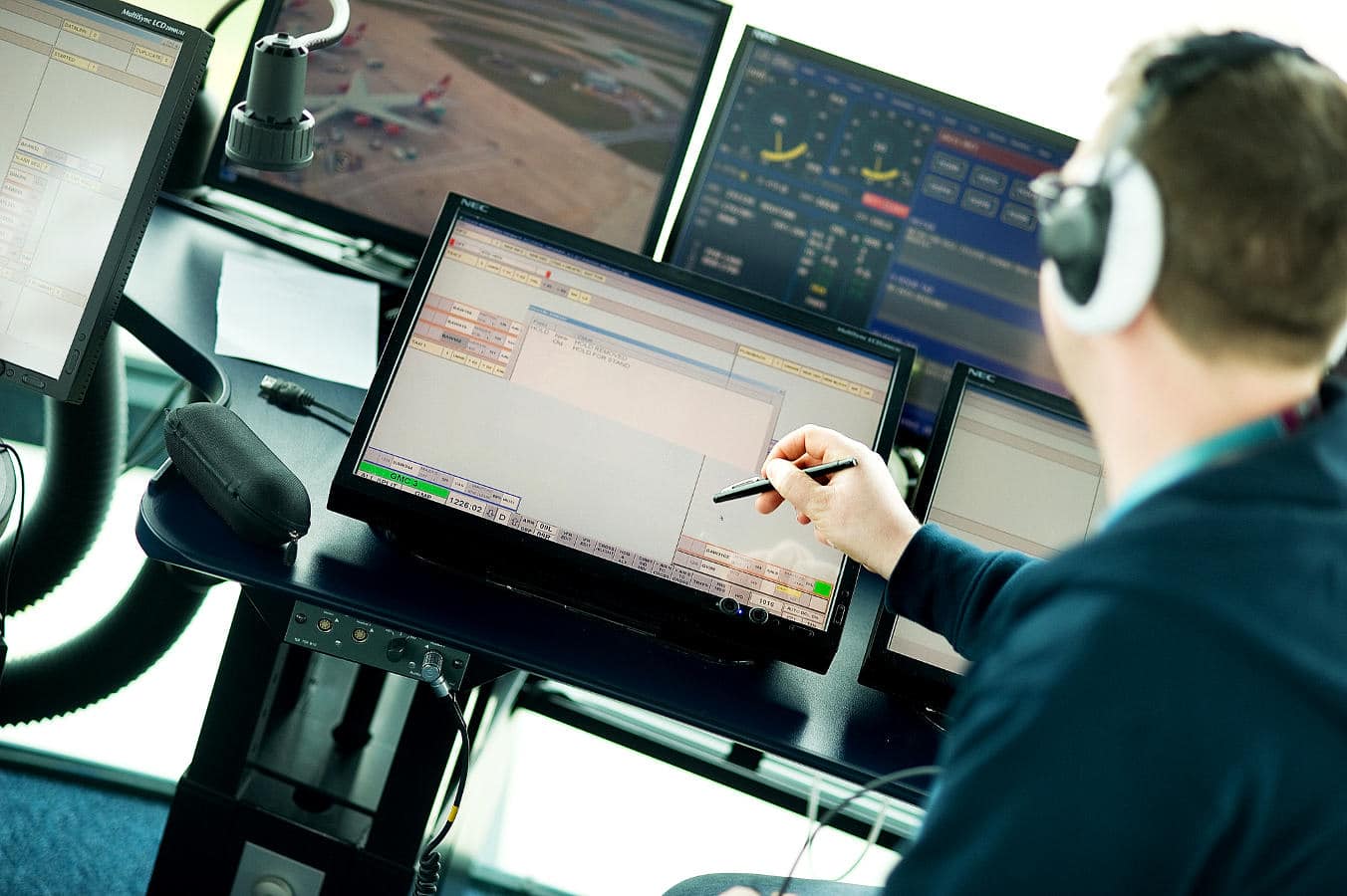 Air traffic controller working in the tower.