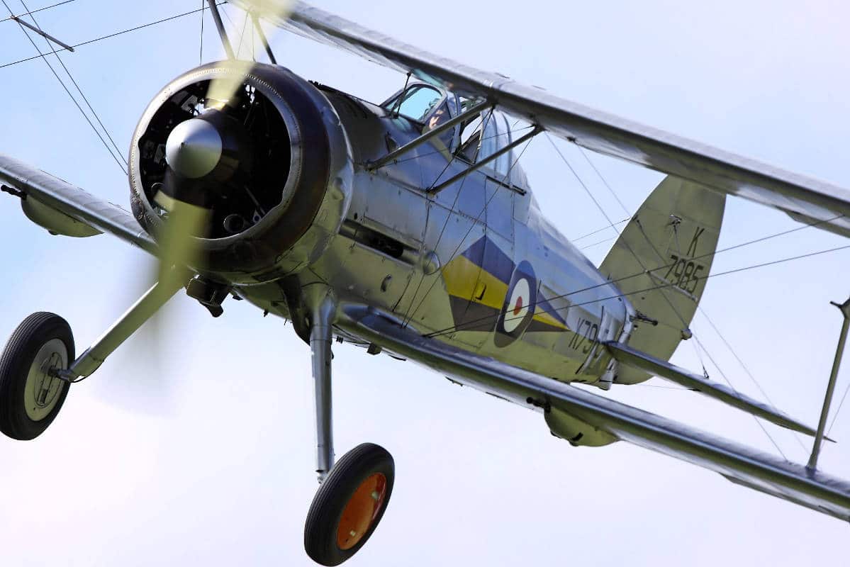 World War 2 era fighter plane, a Gloster Gladiator Mark 1 in Flight.