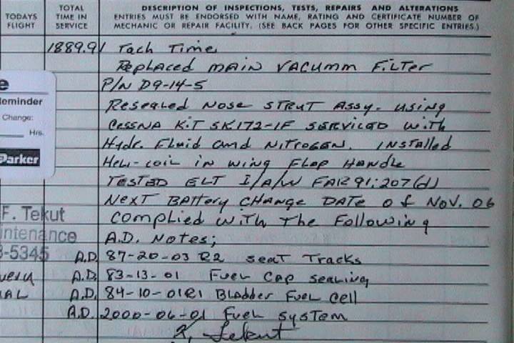 The page from an aircraft logbook, discussing the aviation maintenance history of a private plane