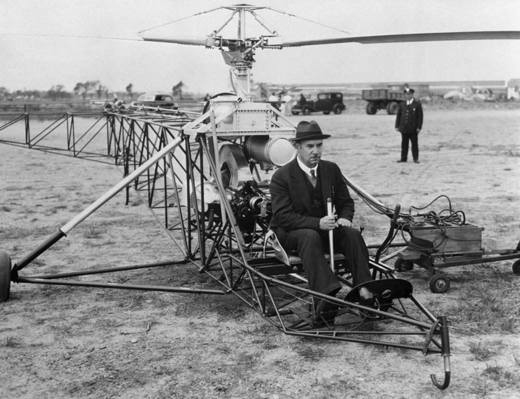 Igor Sikorsky preparing to fly the VA300, his first helicopter with a working configuration.