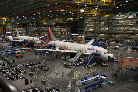 Boeing jetliners being assembled as part of the Boeing factory tour at Paine Field.