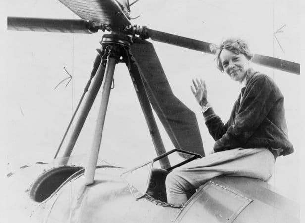 Amelia Earhart posing with an autogiro