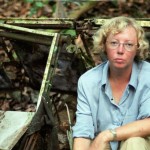 Juliane Koepcke next to aircraft wreckage in the jungle