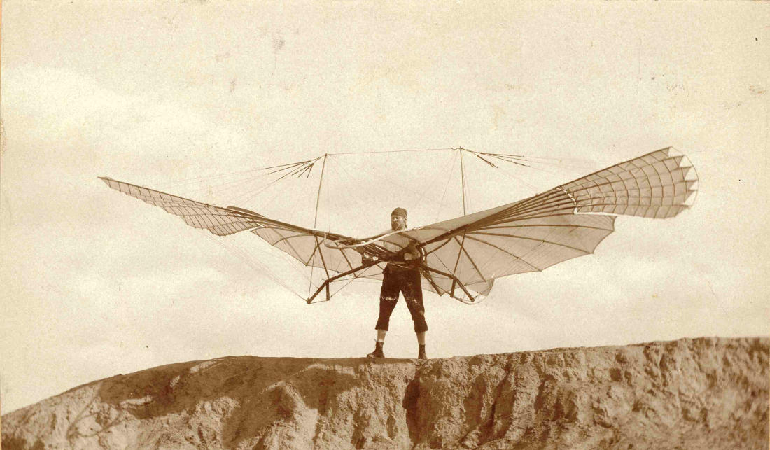 Otto Lilienthal prepares to take flight.