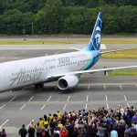 An Alaska Airlines 737 specially painted to celebrate Boeing's 100th birthday