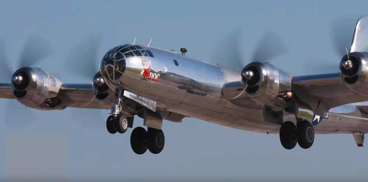 Restored B-29 Superfortress Doc on a first test flight