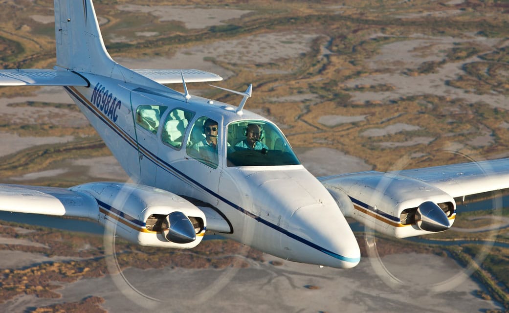 A Beechcraft B55 Baron in flight - Aviation Safety: The Right Mindset and Attitude Are As Important As Skill