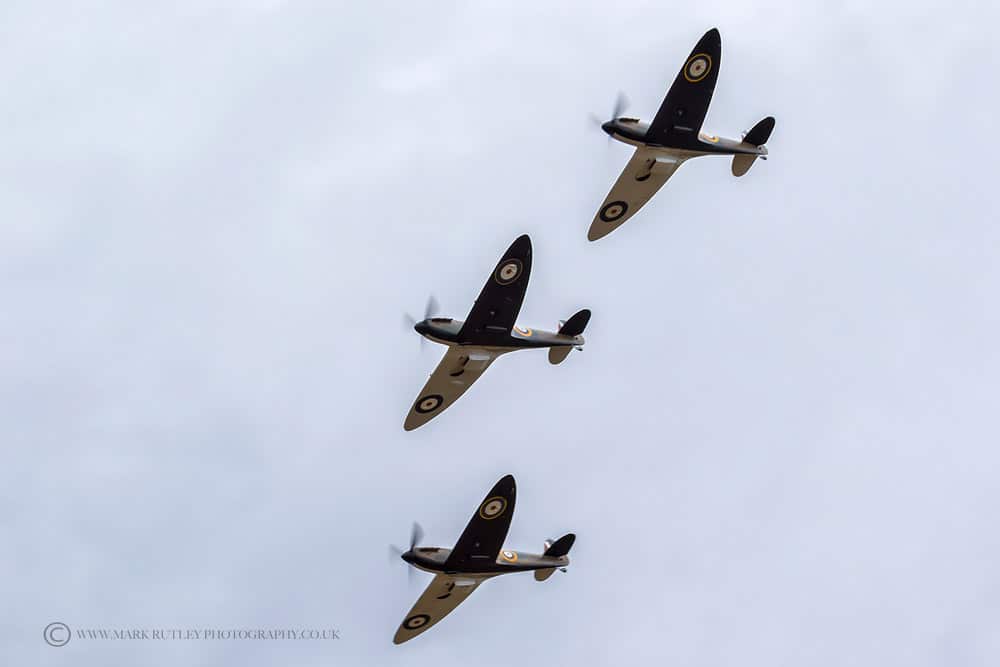 Three Supermarine Spitfires, used in the movie Dunkirk, flying in formation